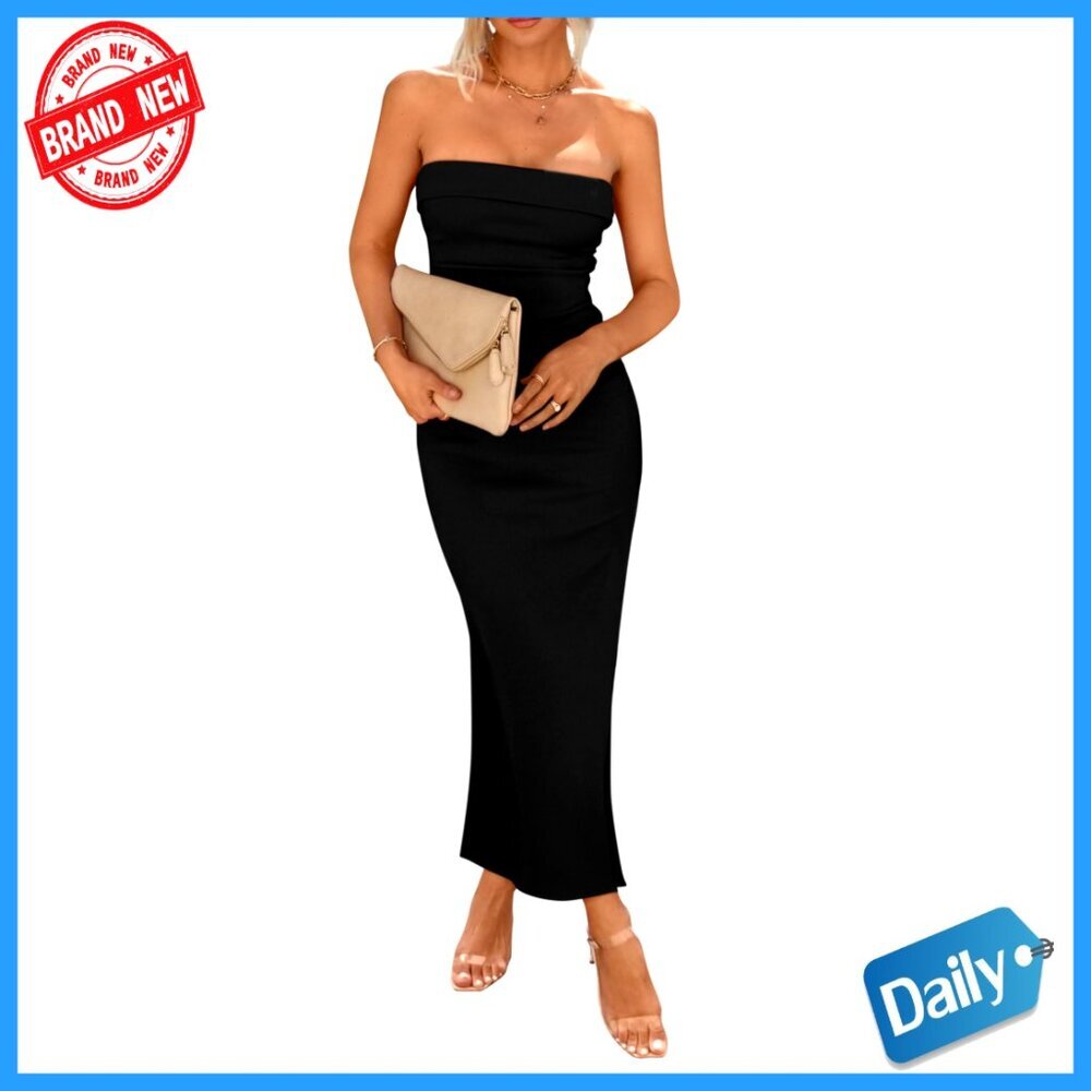 Strapless Bodycon Maxi Dress Ribbed Knit Side Slit Elegant Party Wear